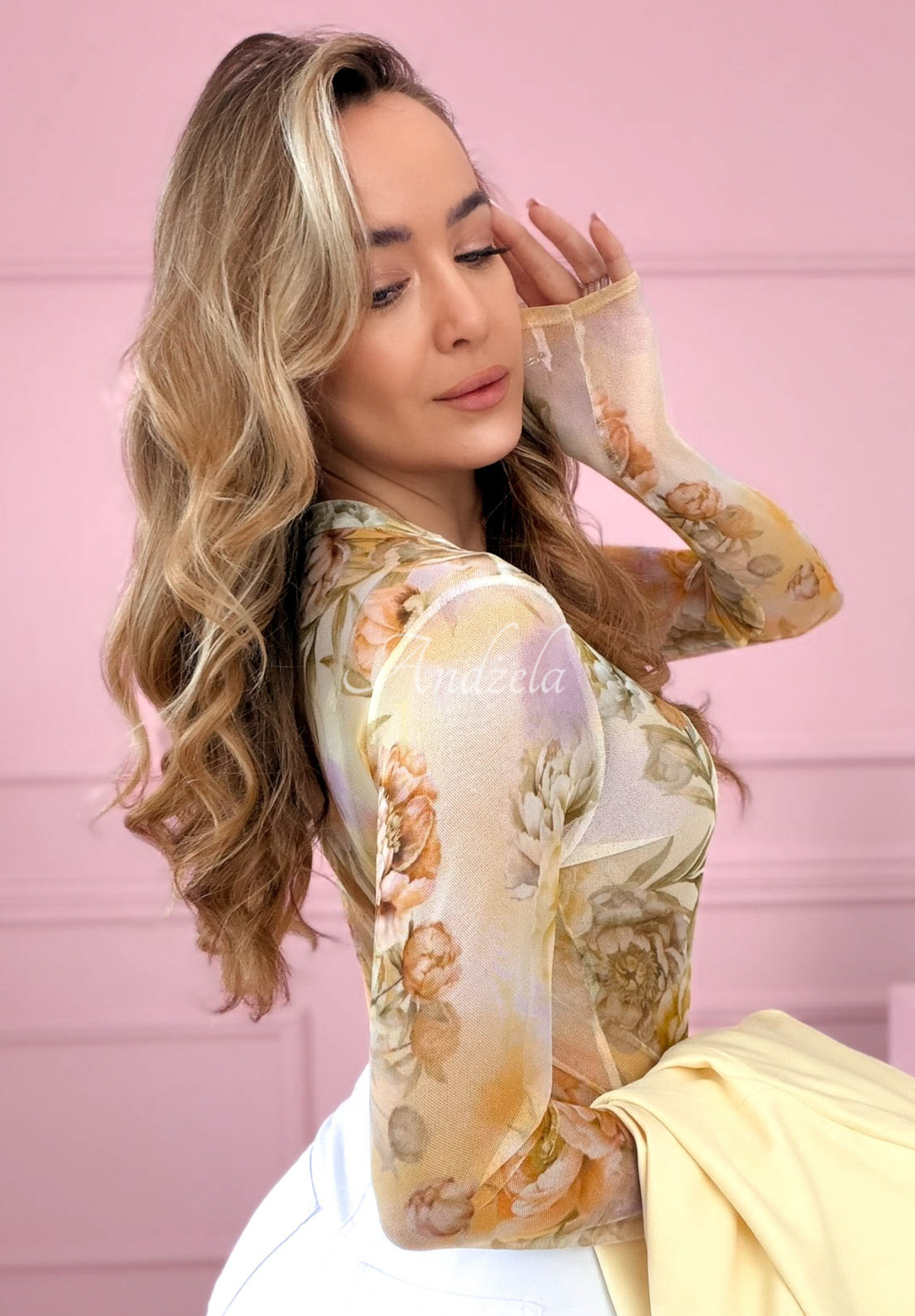 Siateczkowe body w kwiaty Skylar żółte 