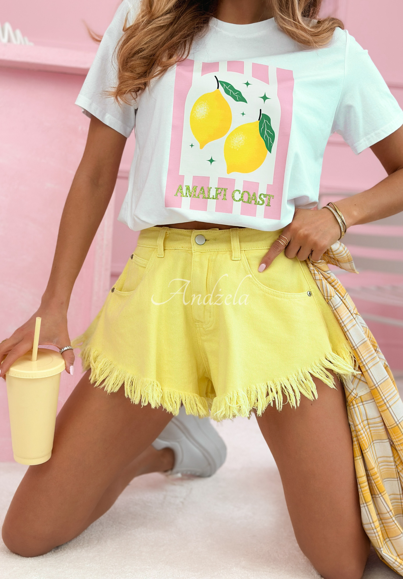 Bawełniany T-shirt z nadrukiem Amalfi Coast Lemons biało-różowy
