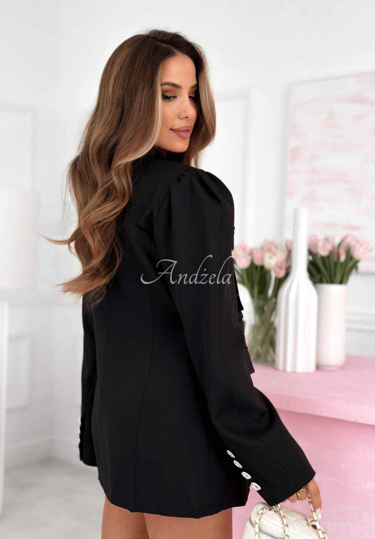 Blazer dress with puffed sleeves and Avenelle cotton, black