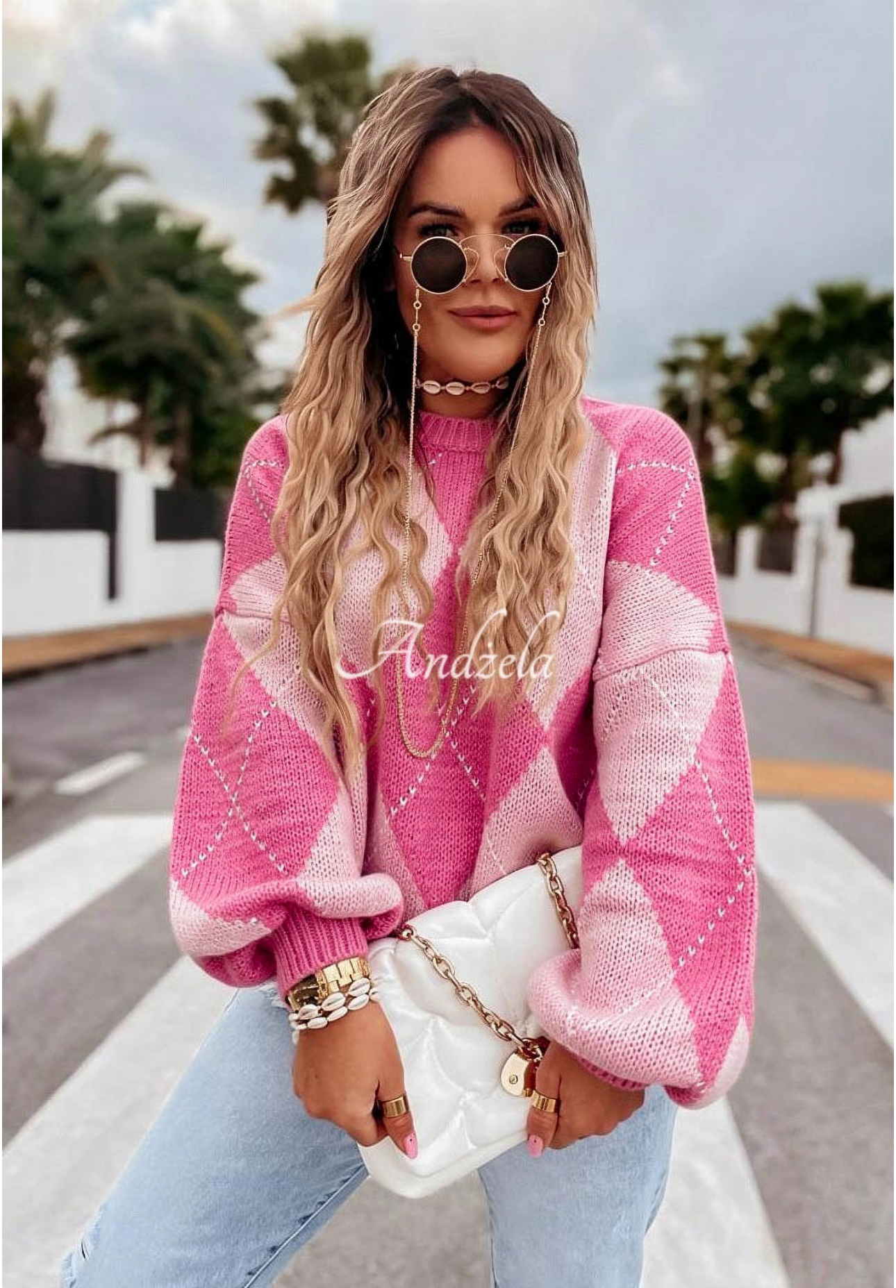 Soft diamond-patterned sweater with wool and viscose Strawberry Smoothie pink