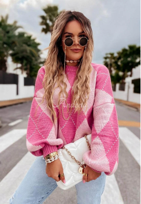 Soft diamond-patterned sweater with wool and viscose Strawberry Smoothie pink