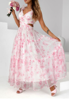 Kwiecista sukienka maxi na ramiączkach z falbankami Prudence biało-różowa