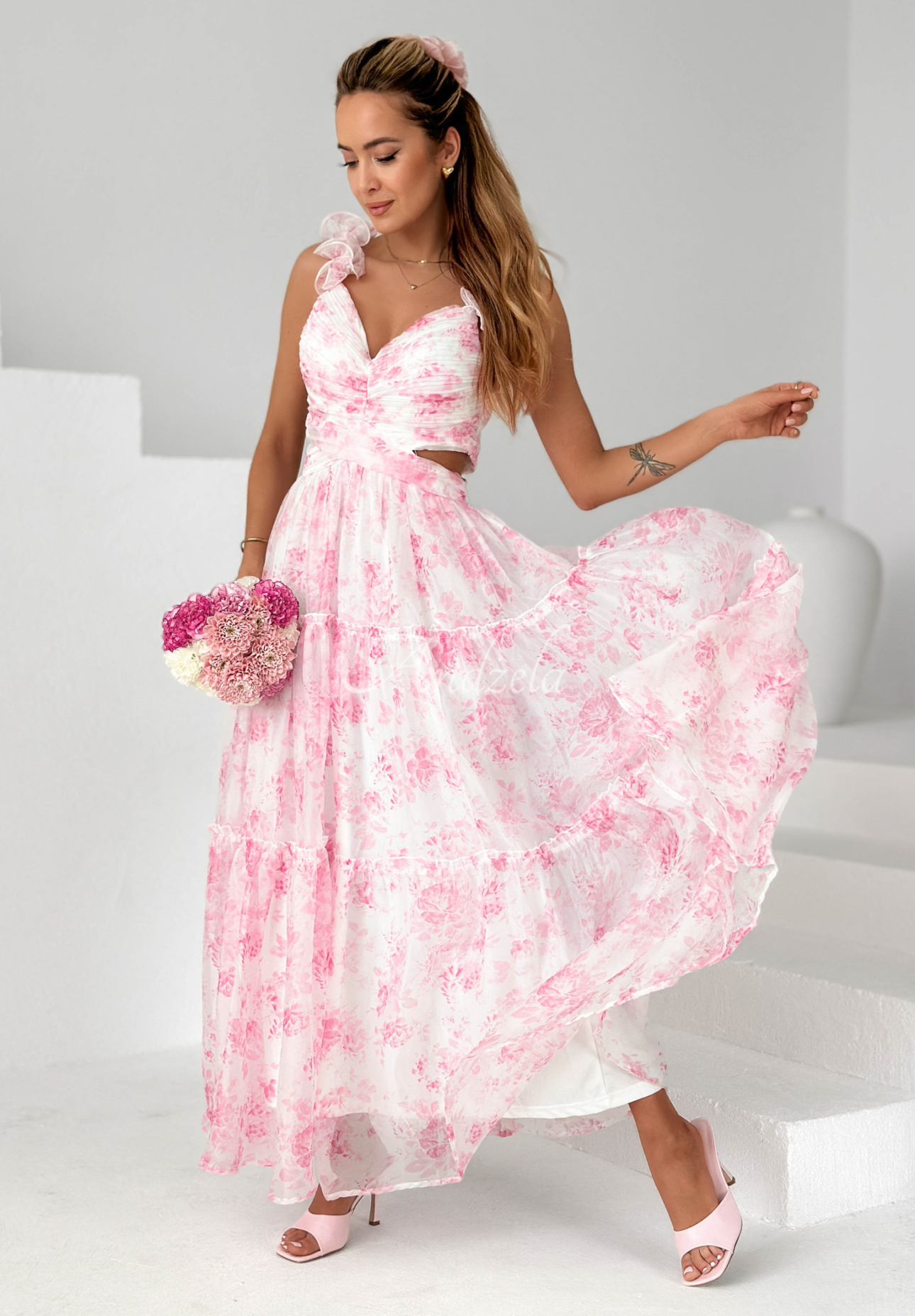 Prudence white and pink floral maxi dress with straps and frills