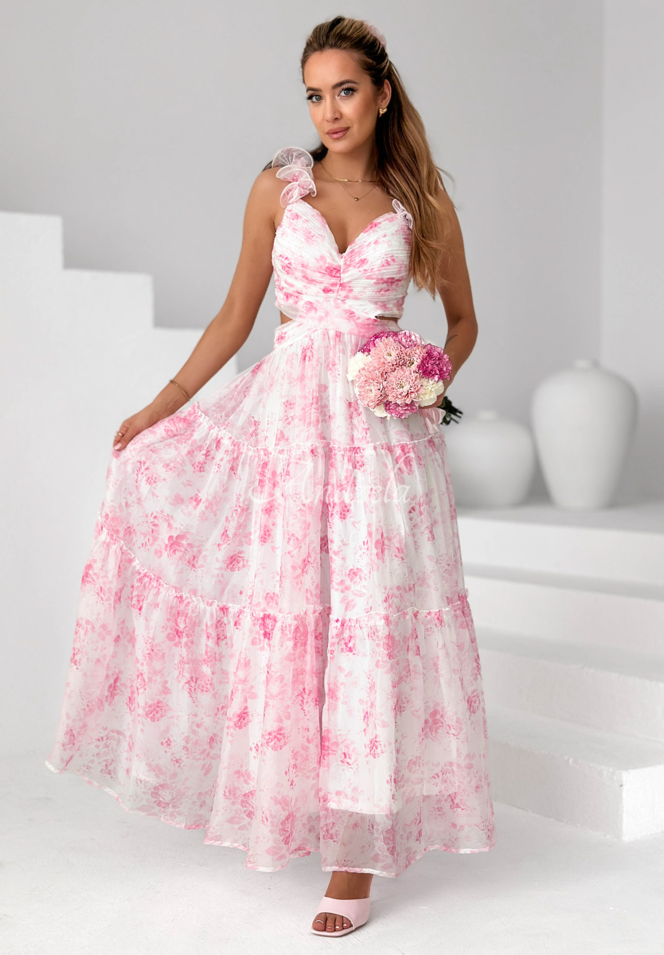Prudence white and pink floral maxi dress with straps and frills