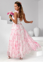 Kwiecista sukienka maxi na ramiączkach z falbankami Prudence biało-różowa