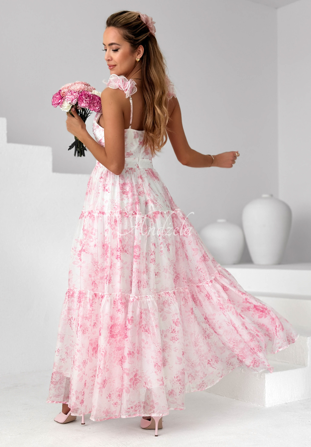 Prudence white and pink floral maxi dress with straps and frills