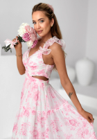 Kwiecista sukienka maxi na ramiączkach z falbankami Prudence biało-różowa