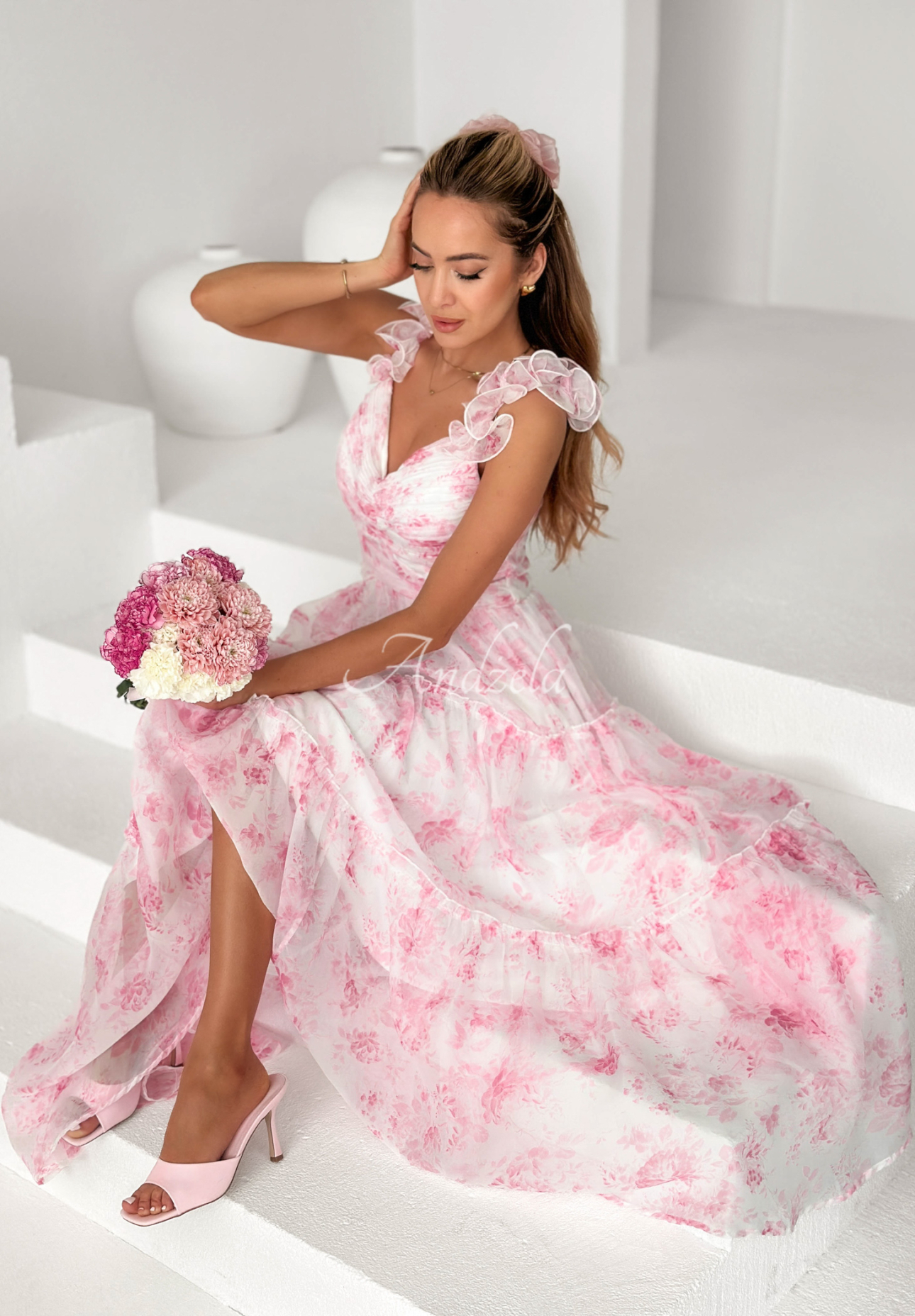 Prudence white and pink floral maxi dress with straps and frills