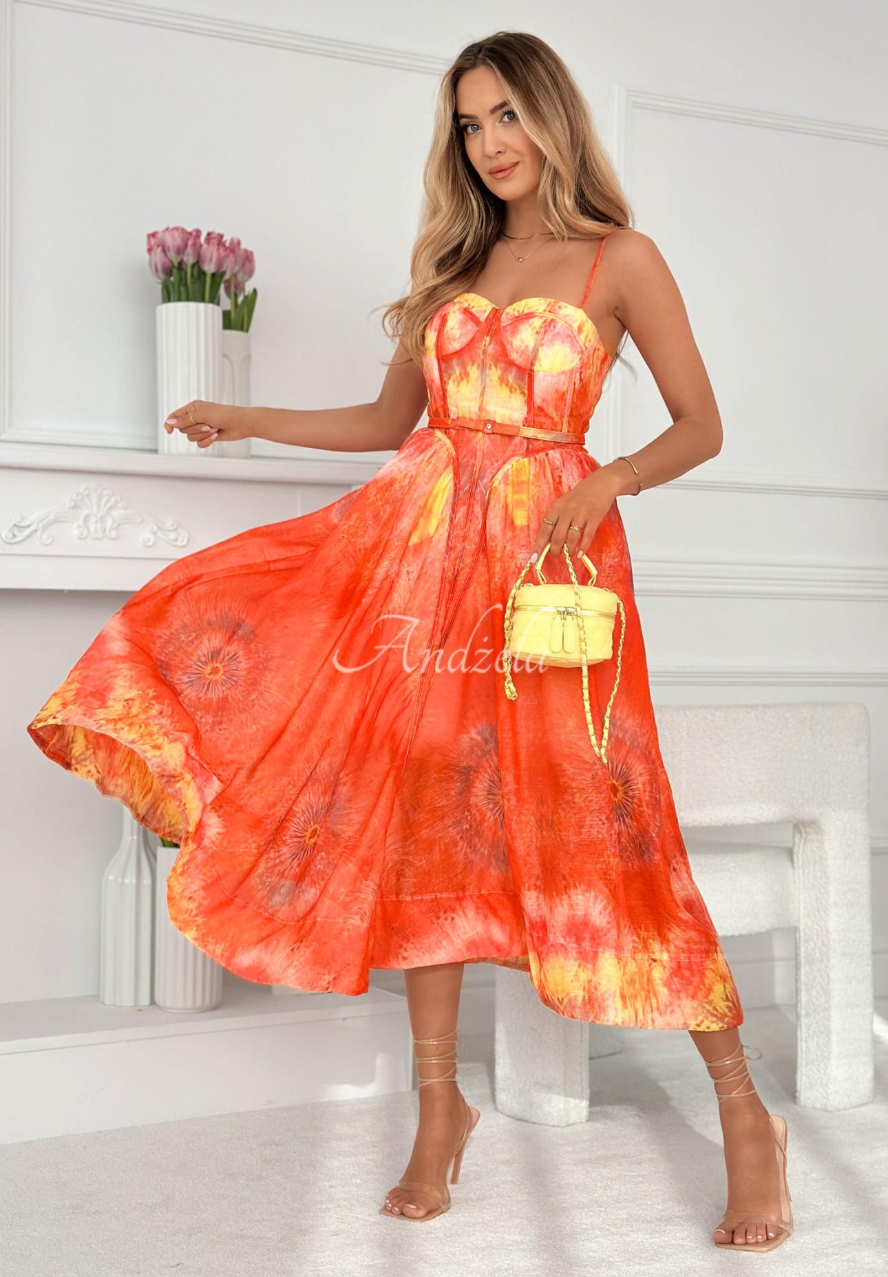 Sonneta orange midi corset dress with linen and viscose