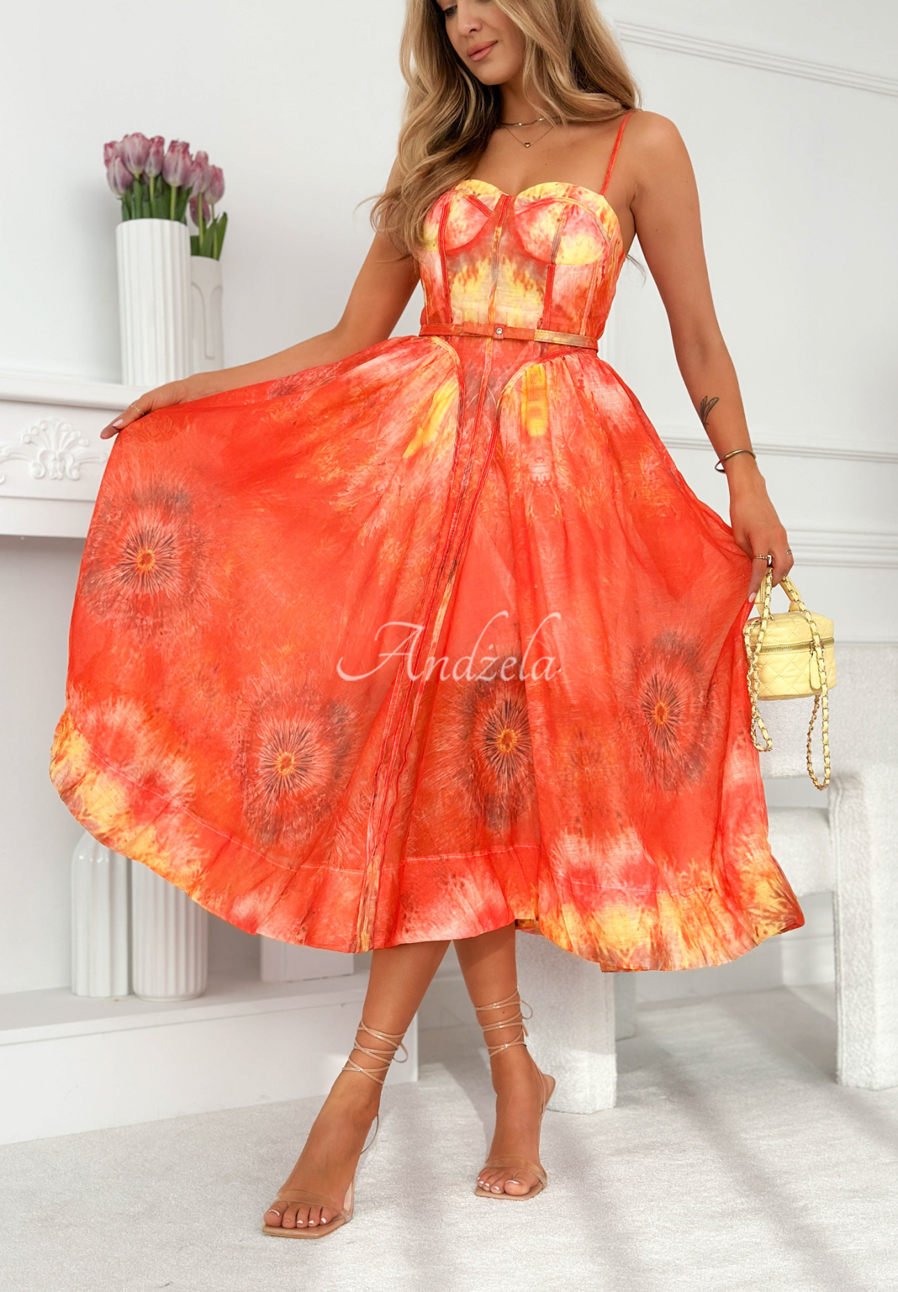 Sonneta orange midi corset dress with linen and viscose