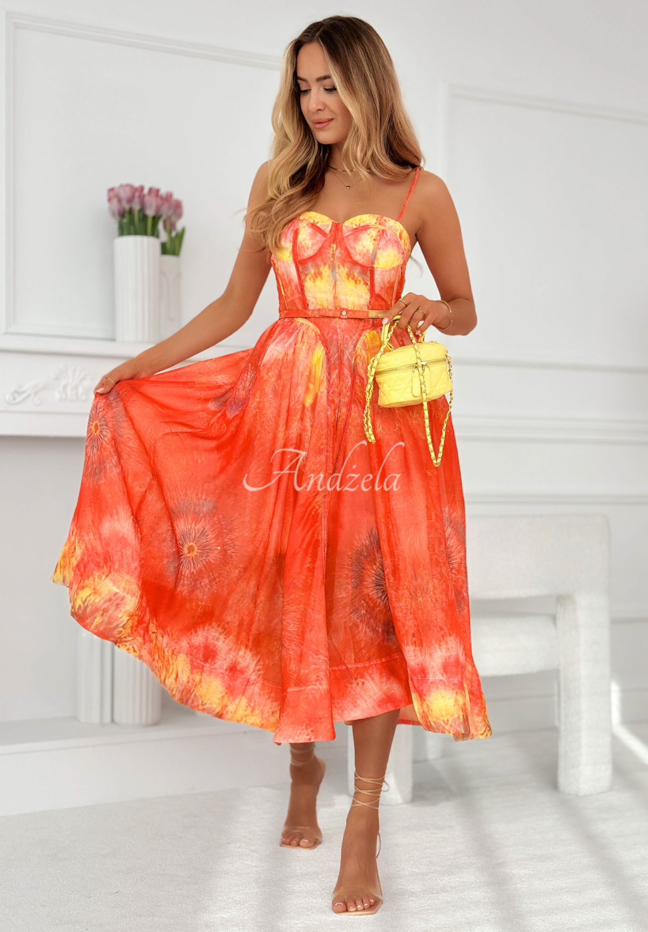 Gorsetowa sukienka midi z lnem i wiskozą Sonneta pomarańczowa