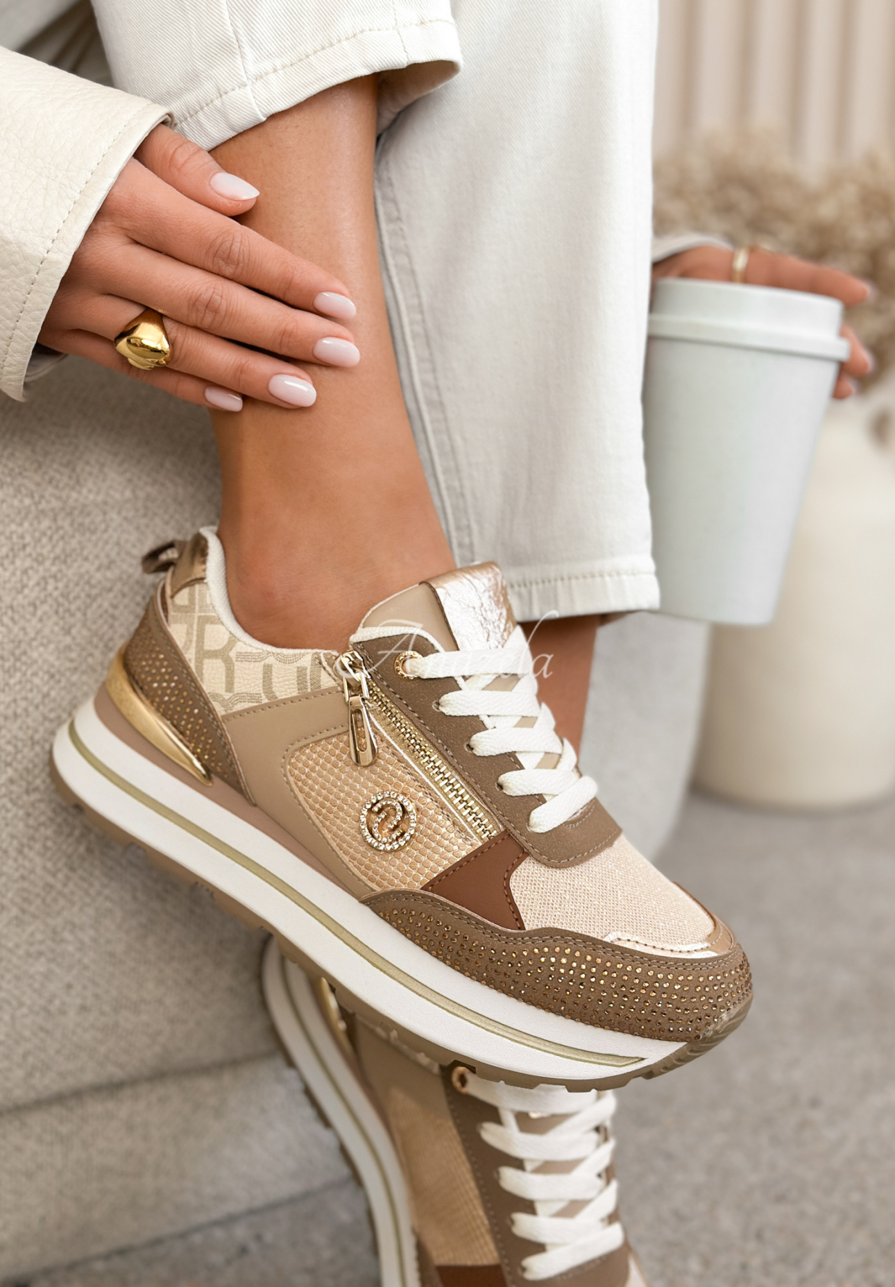 Lottie Beige Sneakers with Rhinestones and Zippers