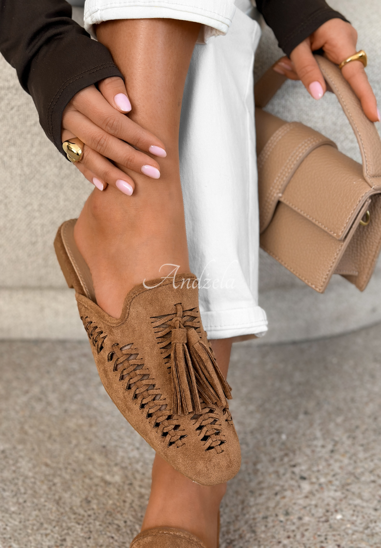 Saharia camel suede moccasin-style flip-flops with tassels
