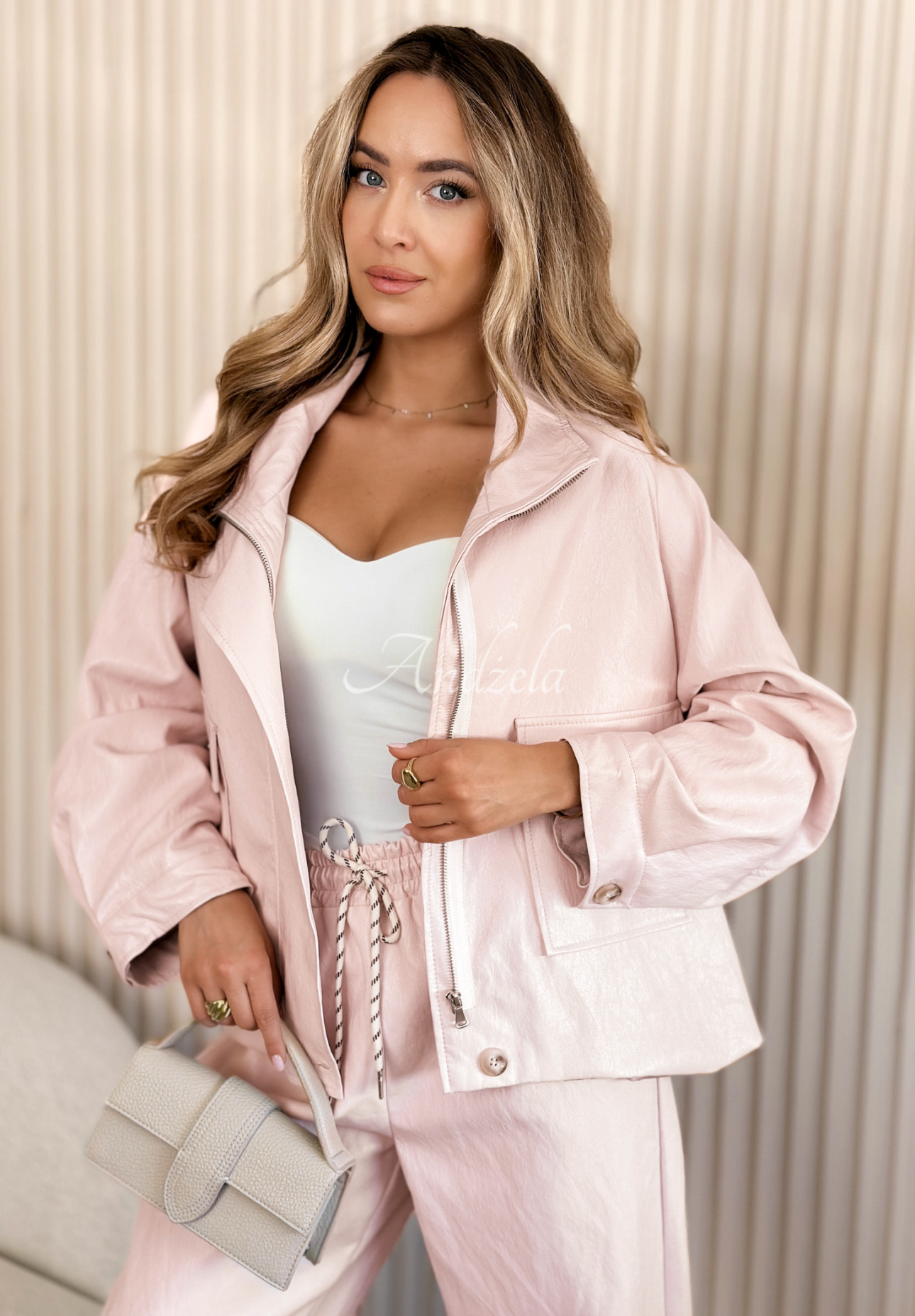 Marigold Pink Short Leather Jacket with Stand-Up Collar