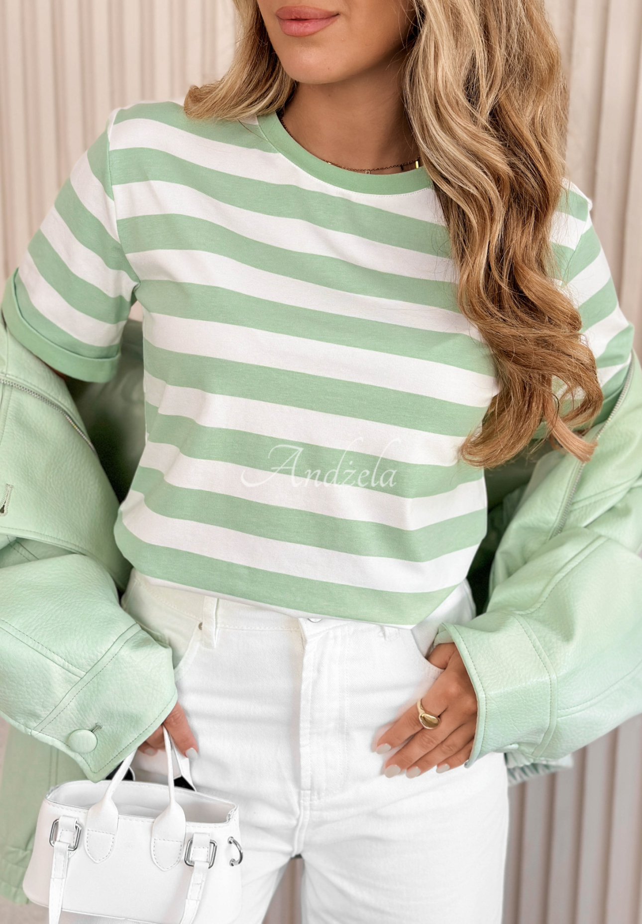 Bawełniany T-shirt w paski Louise biało-pistacjowy