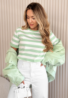 Bawełniany T-shirt w paski Louise biało-pistacjowy