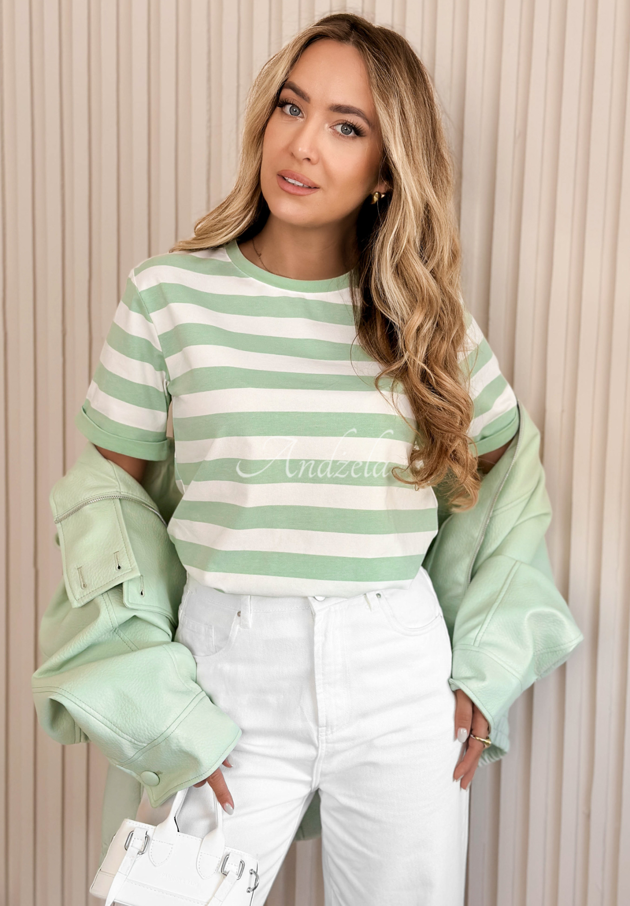 Louise White and Pistachio Striped Cotton T-Shirt