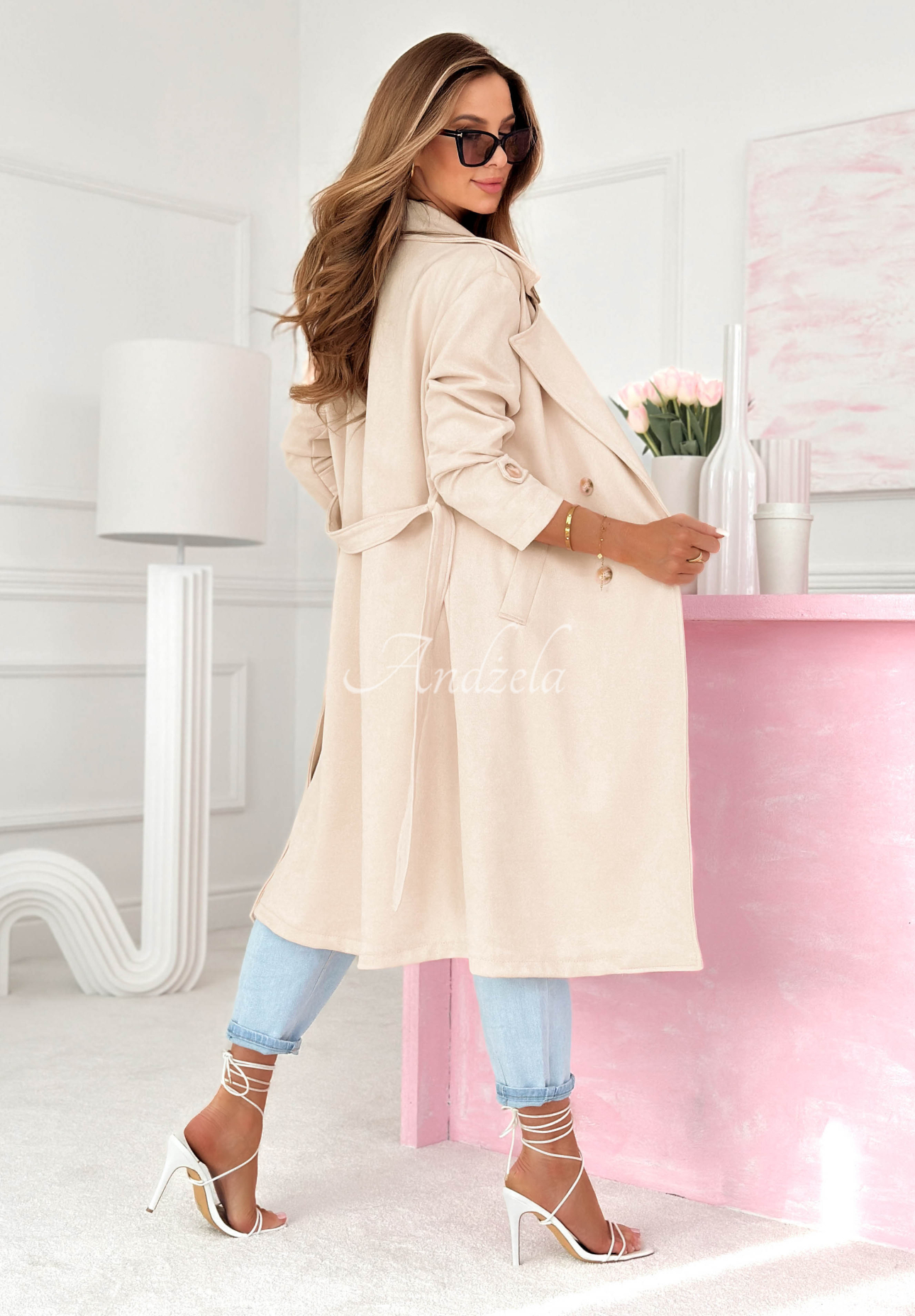 No Big Deal Light Beige Suede Coat with Belt