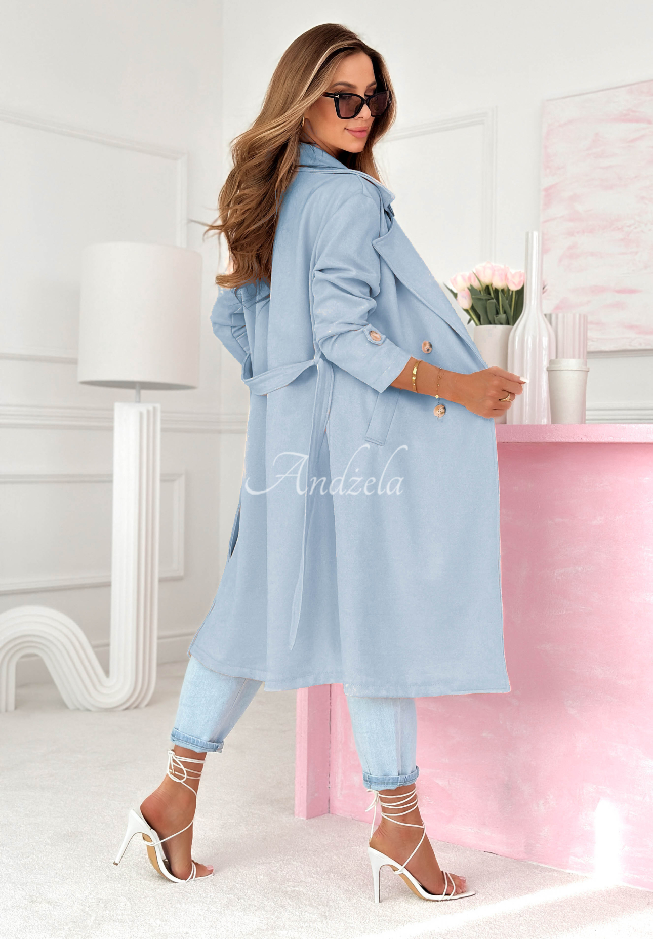 No Big Deal light blue suede coat with a belt