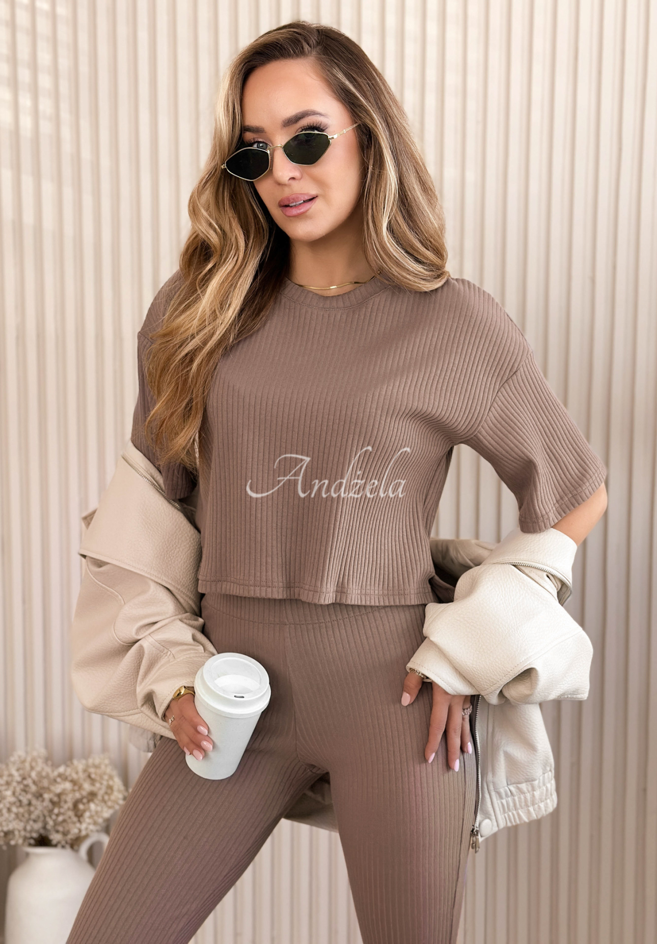 Marcella Short Ribbed Cotton T-Shirt in Chocolate Brown