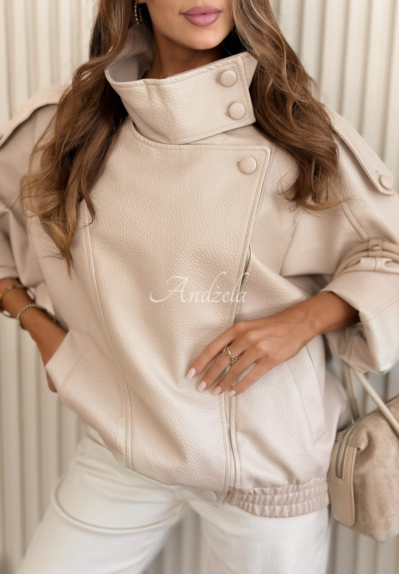 Messy Beige Leather Bomber Jacket