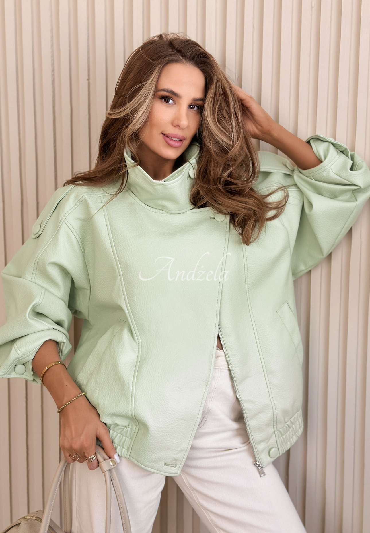 Messy pistachio leather bomber jacket