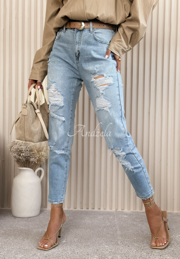 Spodnie jeansowe mom fit z przetarciami Alfie niebieskie