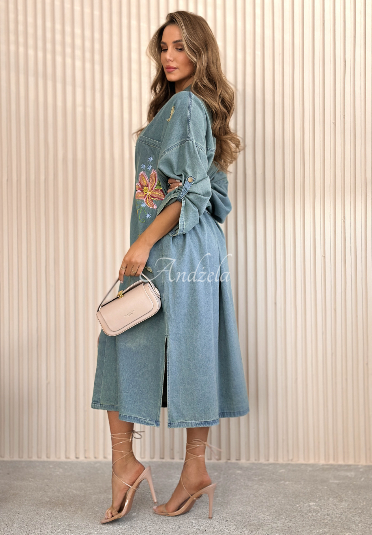 Araminta Blue Embroidered Denim Midi Dress