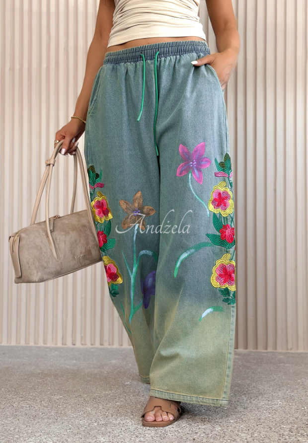 Rosamere Light Blue Wide-Leg Denim Pants with Embroidery  display picture 3
