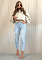 Spodnie jeansowe mom fit z przetarciami Laurent jasnoniebieskie