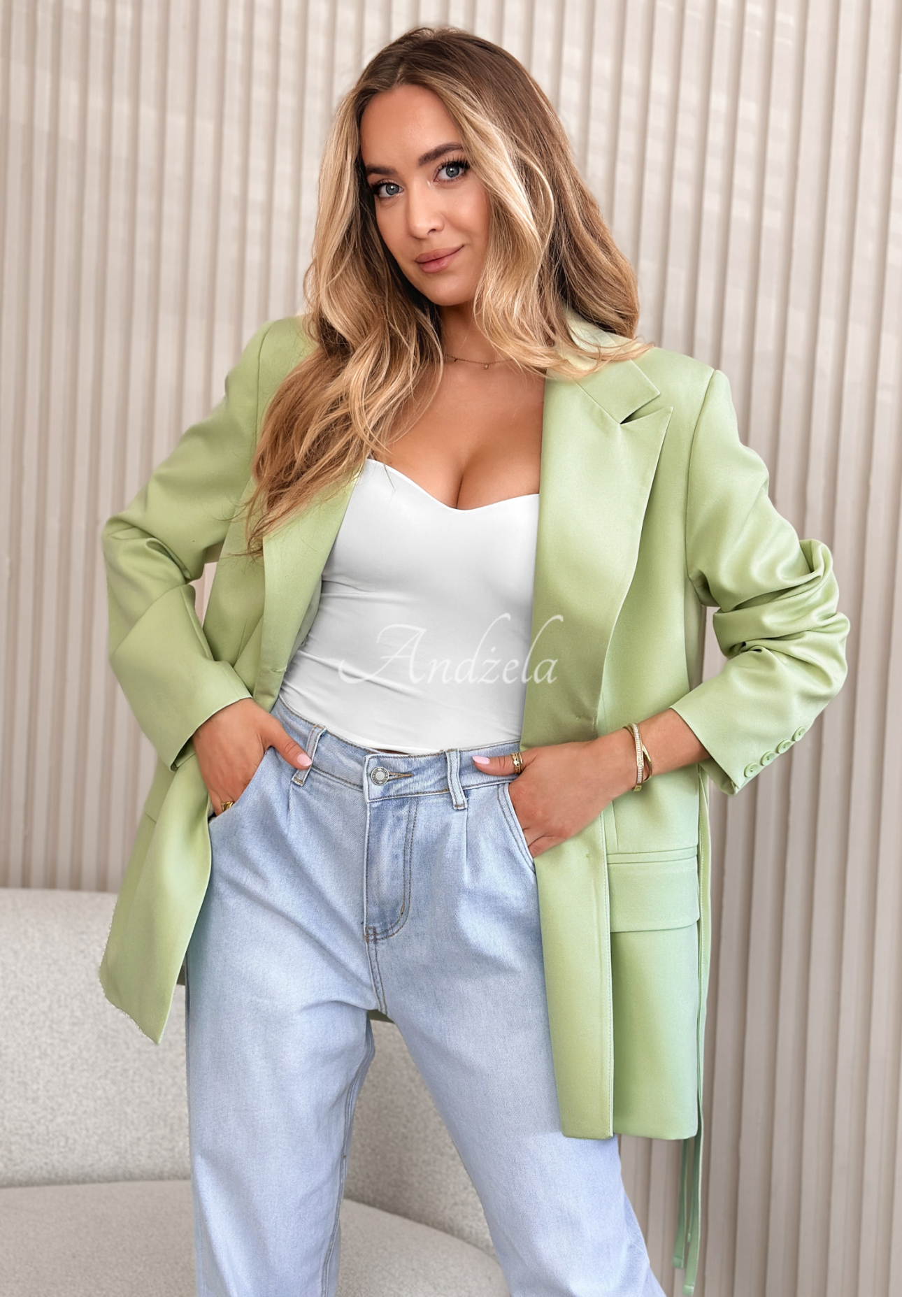 Marynarka z wiązaniem She Believed It pistacjowa