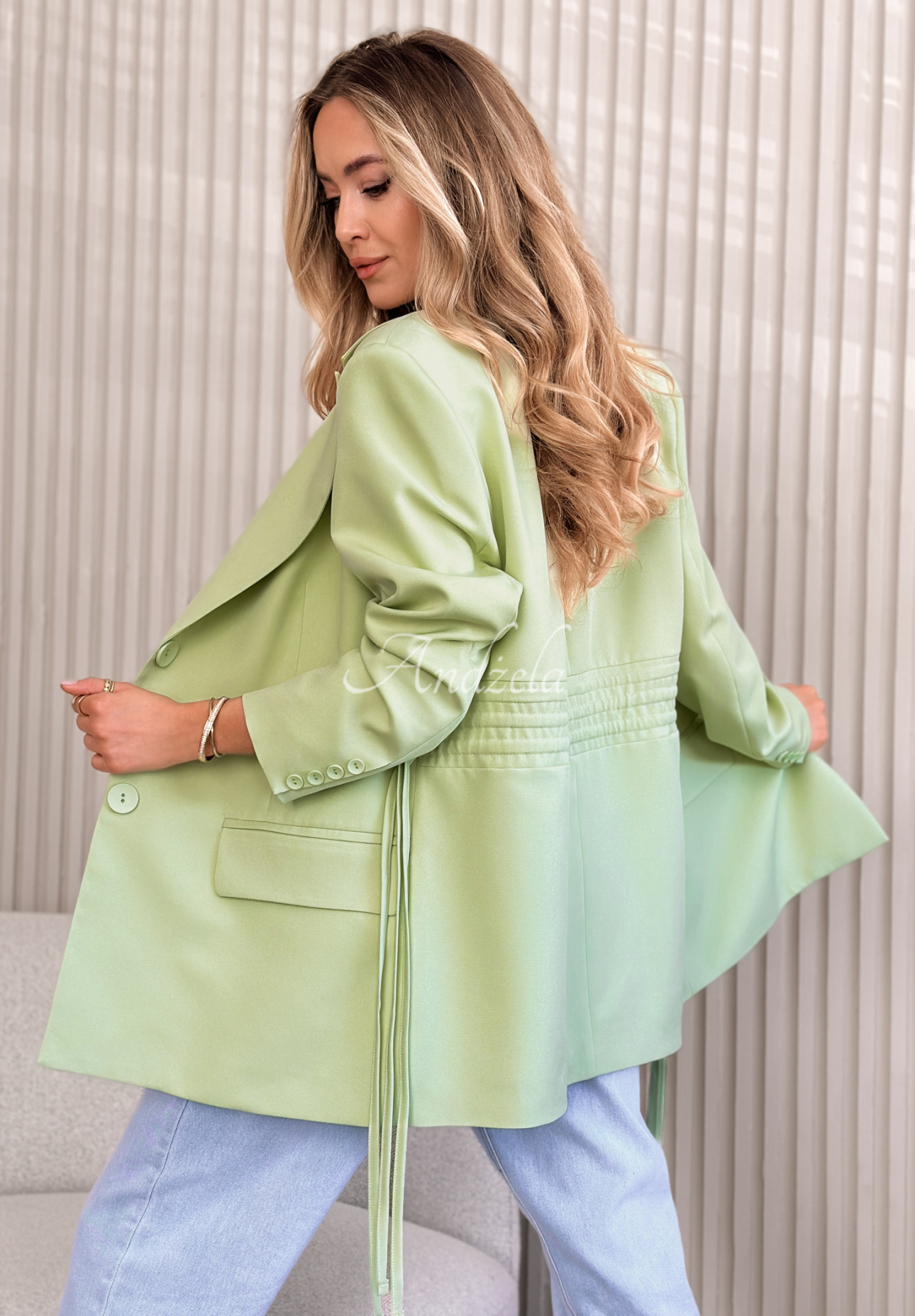 She Believed It pistachio jacket with tie