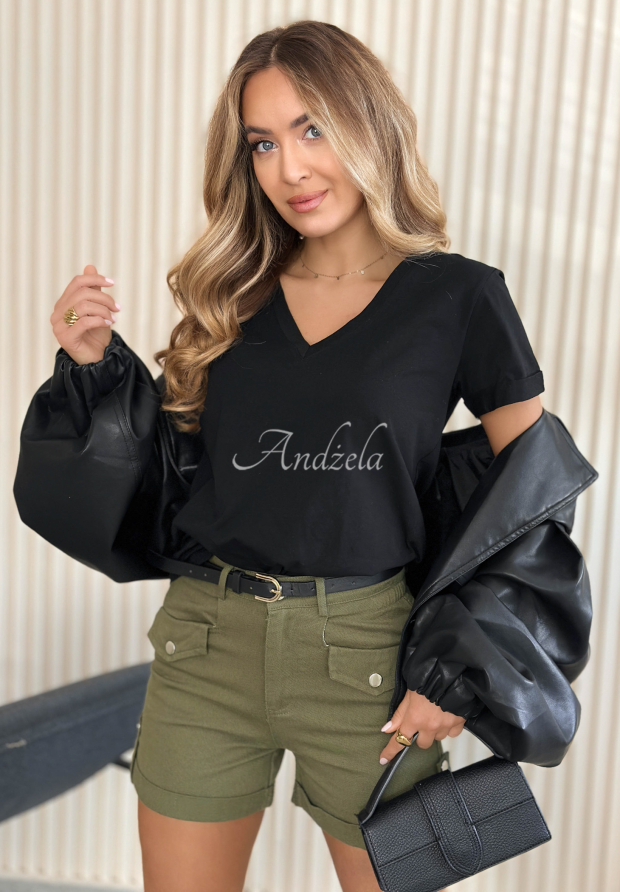 Bawełniany t-shirt z dekoltem Mariella czarny