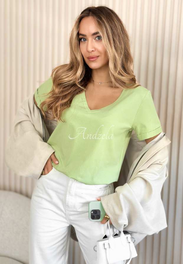 Mariella Cotton T-Shirt with V-Neck in Pistachio