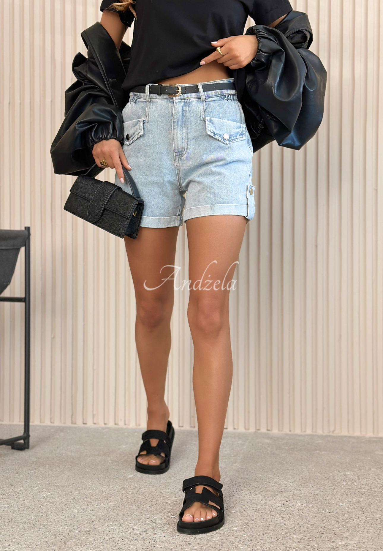 Light blue Antalya denim shorts with a belt and pockets