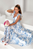 Kwiecista sukienka maxi na ramiączkach z falbankami Prudence biało-różowa