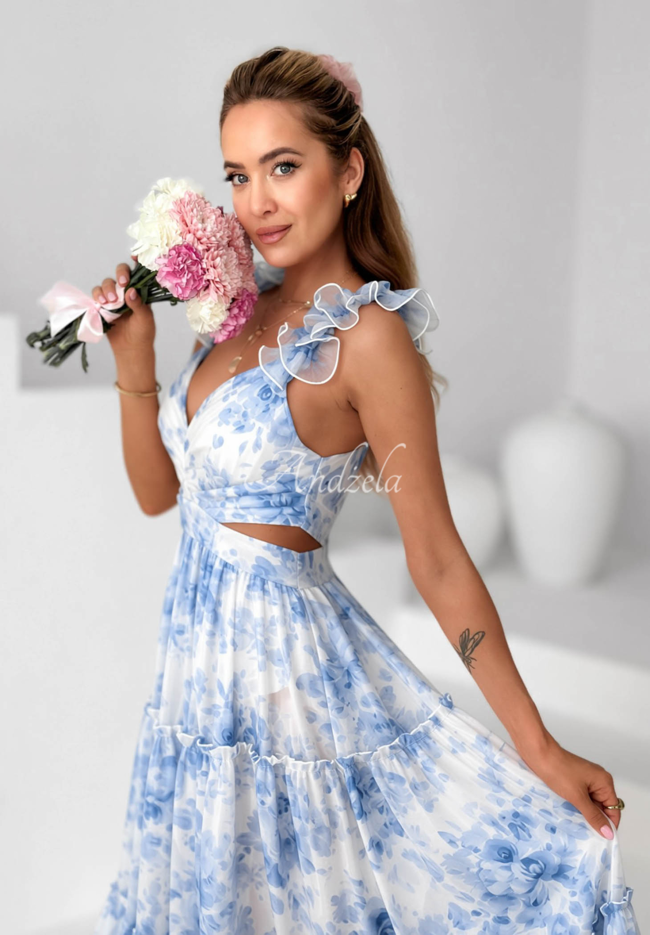 Prudence White and Blue Floral Maxi Dress with Ruffled Straps