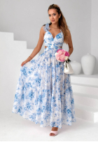 Kwiecista sukienka maxi na ramiączkach z falbankami Prudence biało-różowa