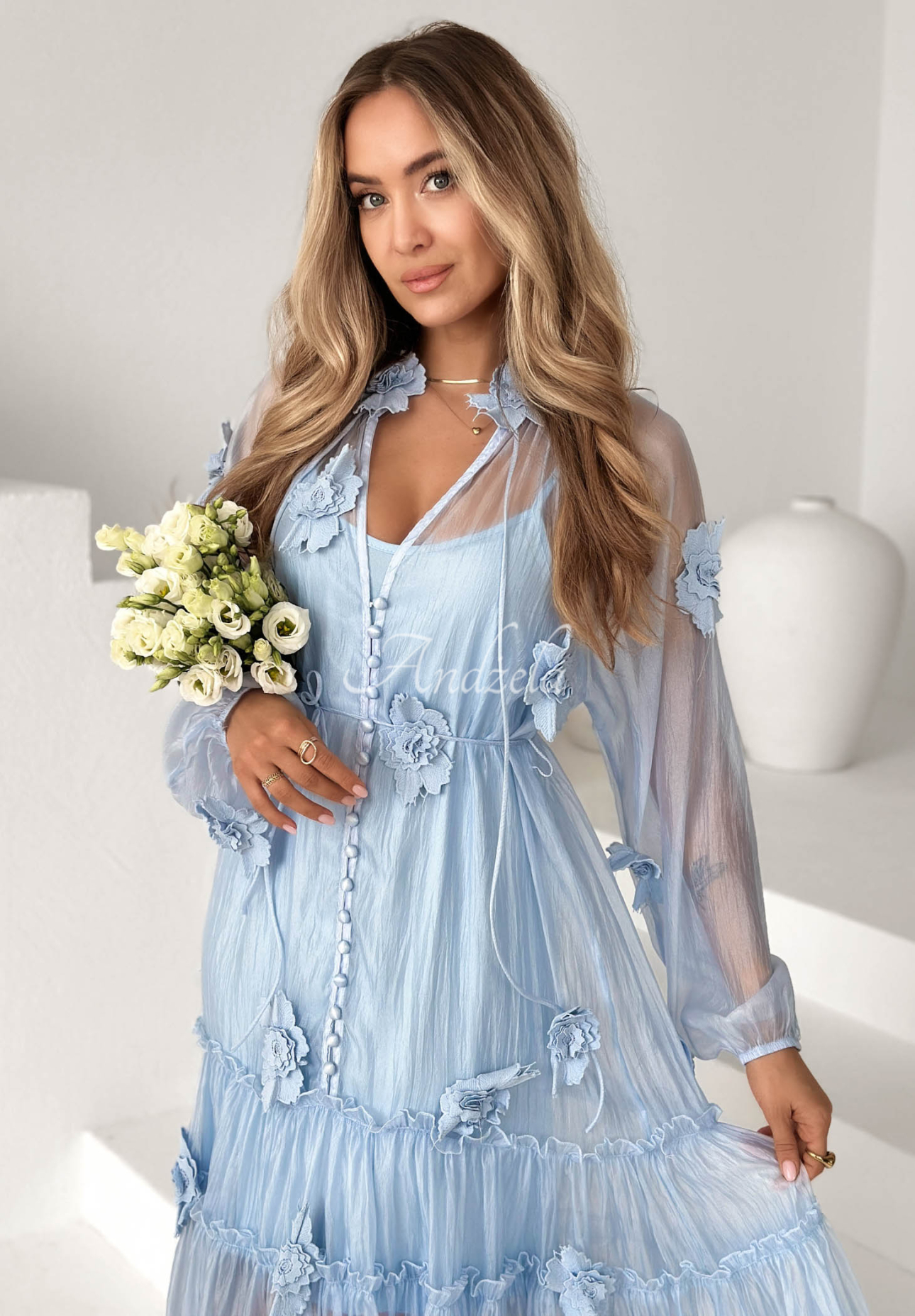 Isenelle Light Blue Tencel Midi Dress with Ruffles and Flowers