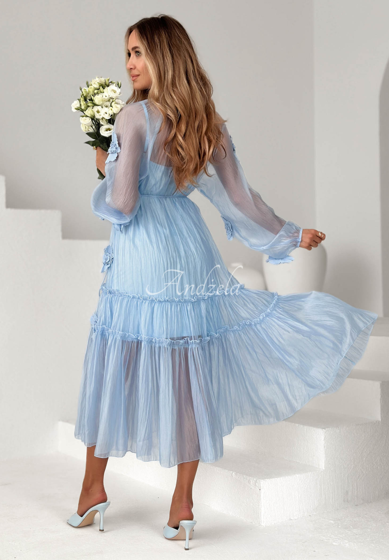 Isenelle Light Blue Tencel Midi Dress with Ruffles and Flowers