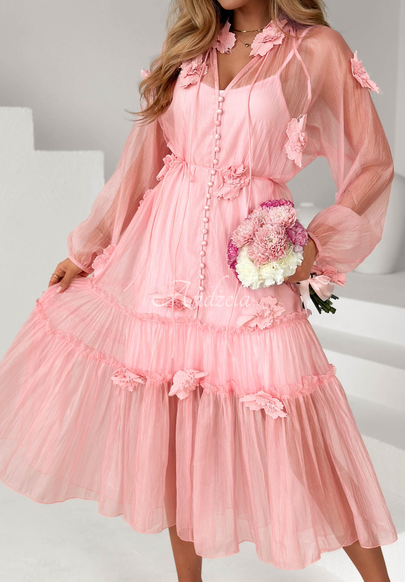 Isenelle powder pink tencel midi dress with ruffles and flowers