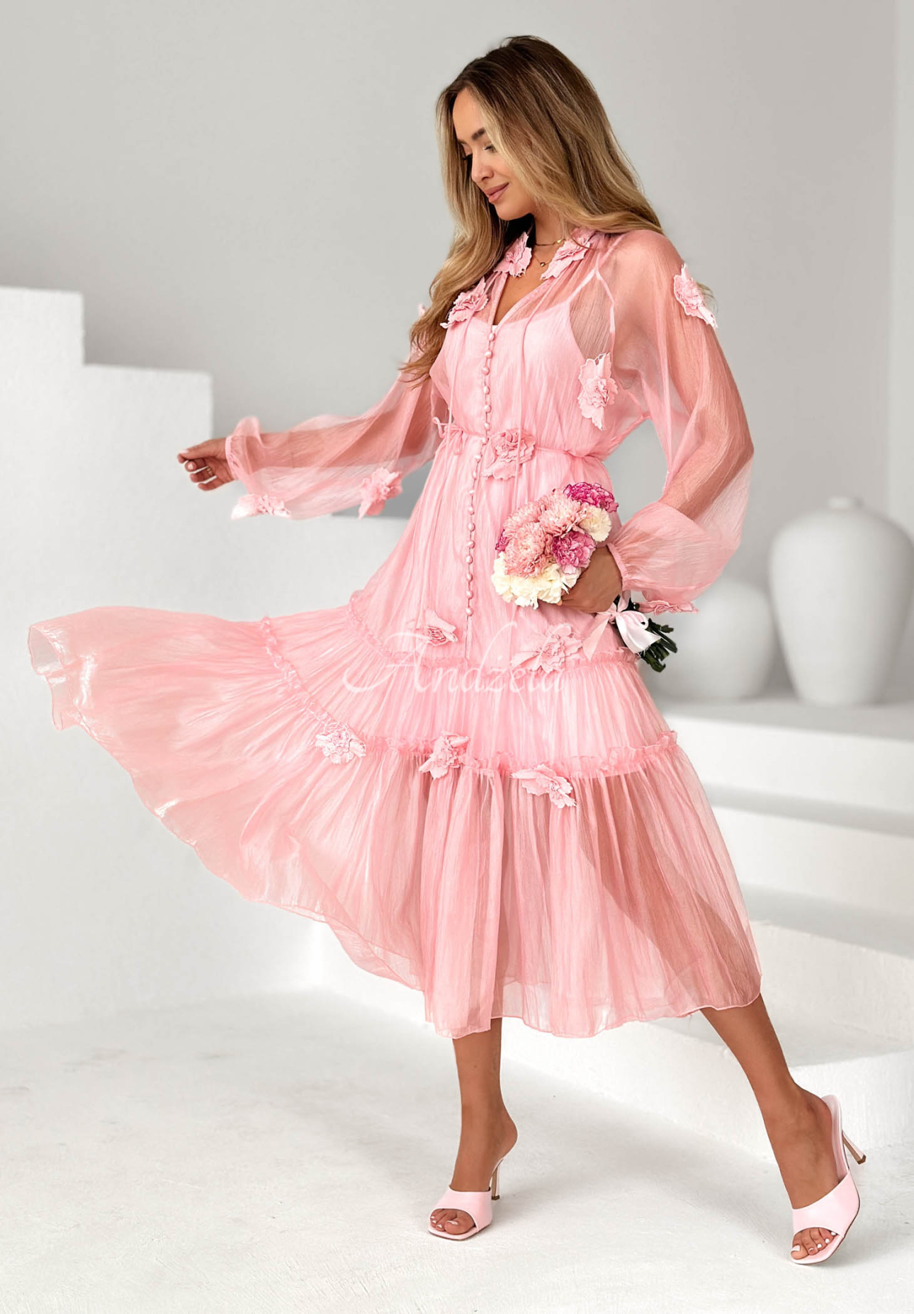 Isenelle powder pink tencel midi dress with ruffles and flowers