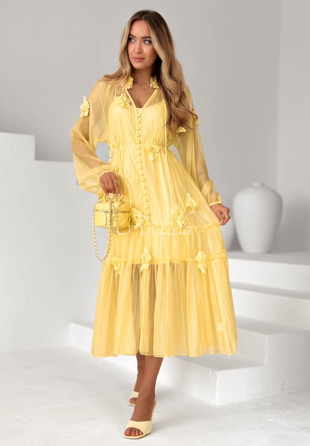 Isenelle Yellow Tencel Midi Dress with Ruffles and Flowers