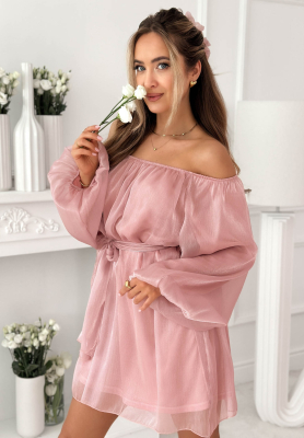 Persephone Off-the-Shoulder Chiffon Dress with Puff Sleeves in Powder Pink