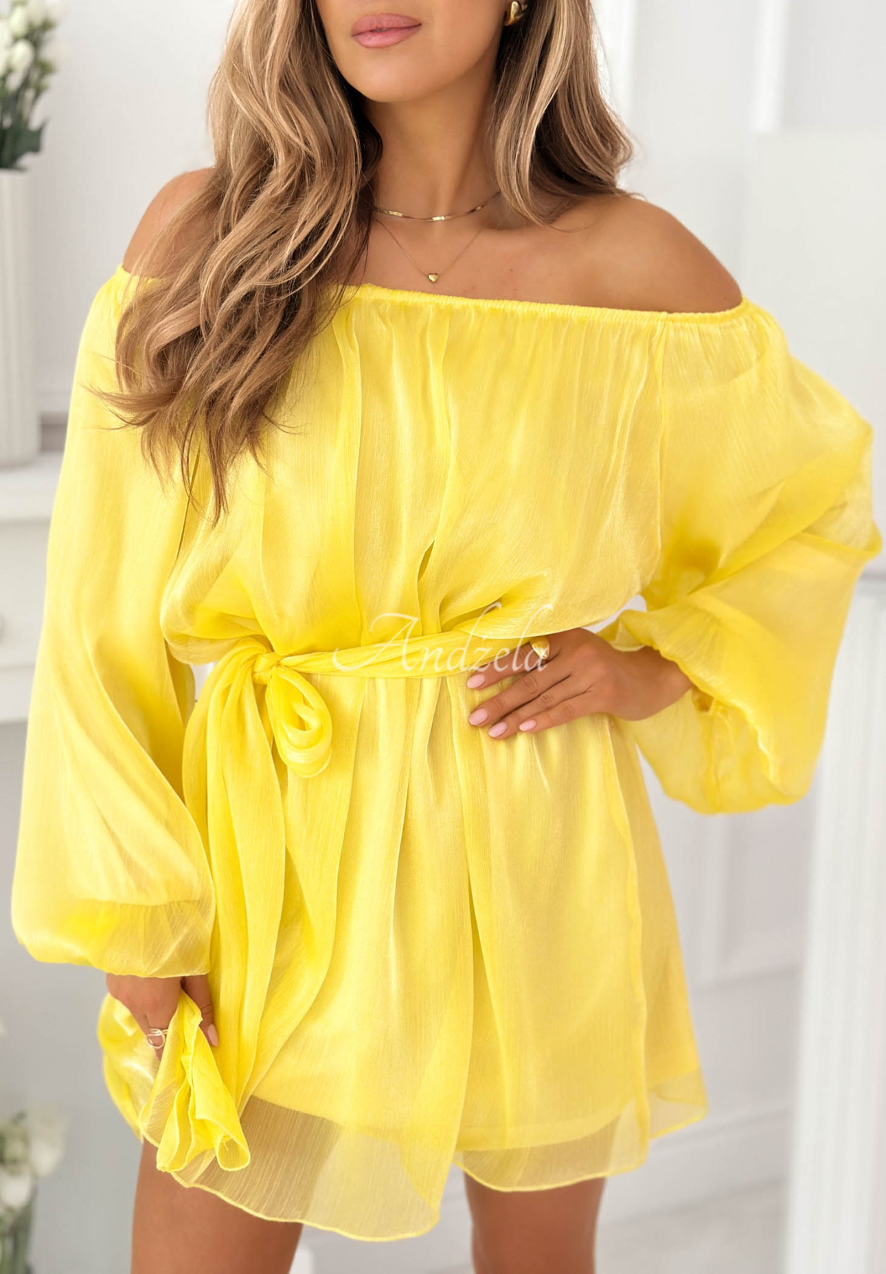 Persephone Yellow Chiffon Off-the-Shoulder Dress with Puff Sleeves