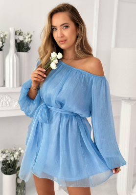 Persephone Blue Chiffon Off-the-Shoulder Dress with Puff Sleeves