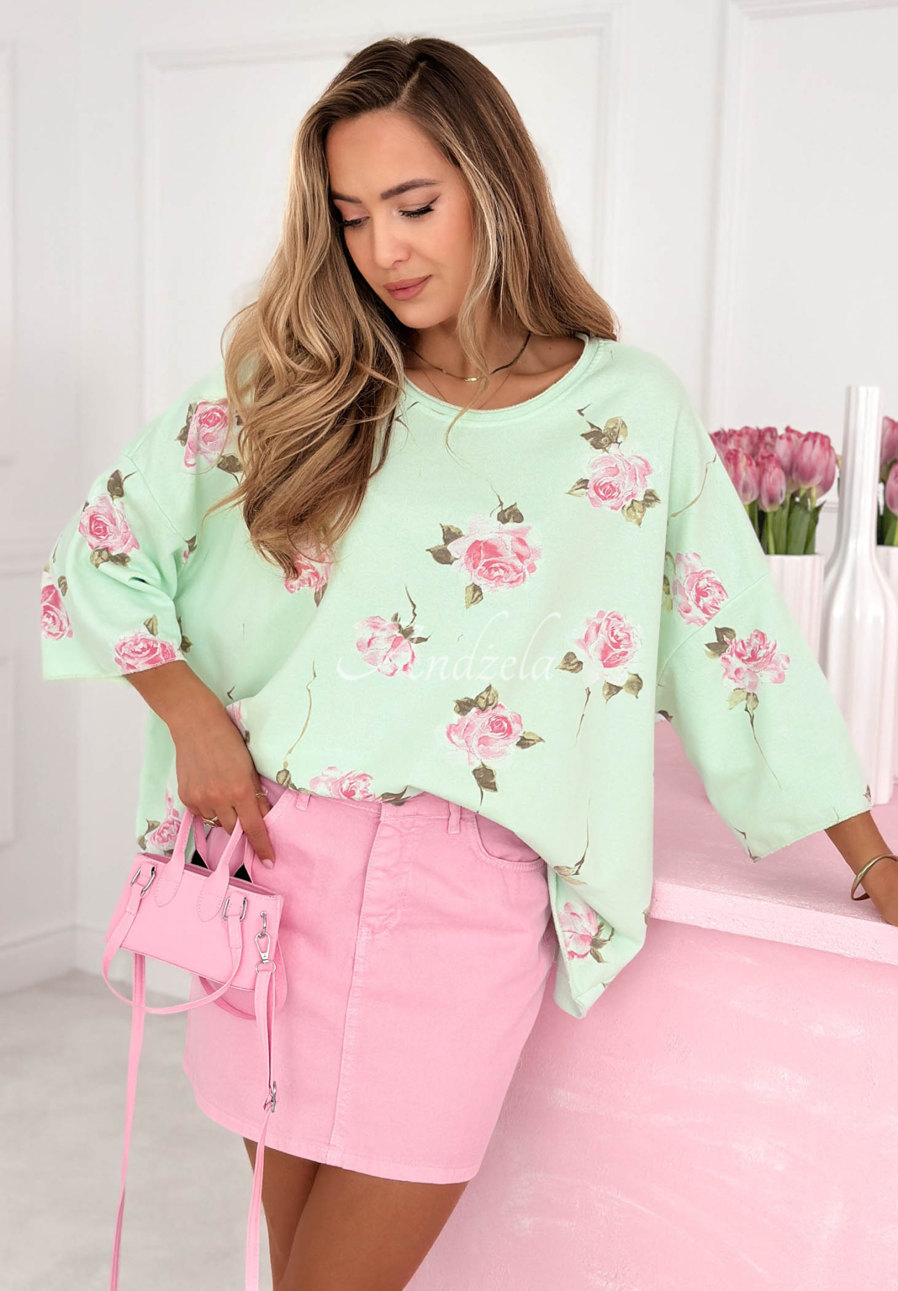 Bawełniana bluza oversize w róże Rosanella pistacjowa