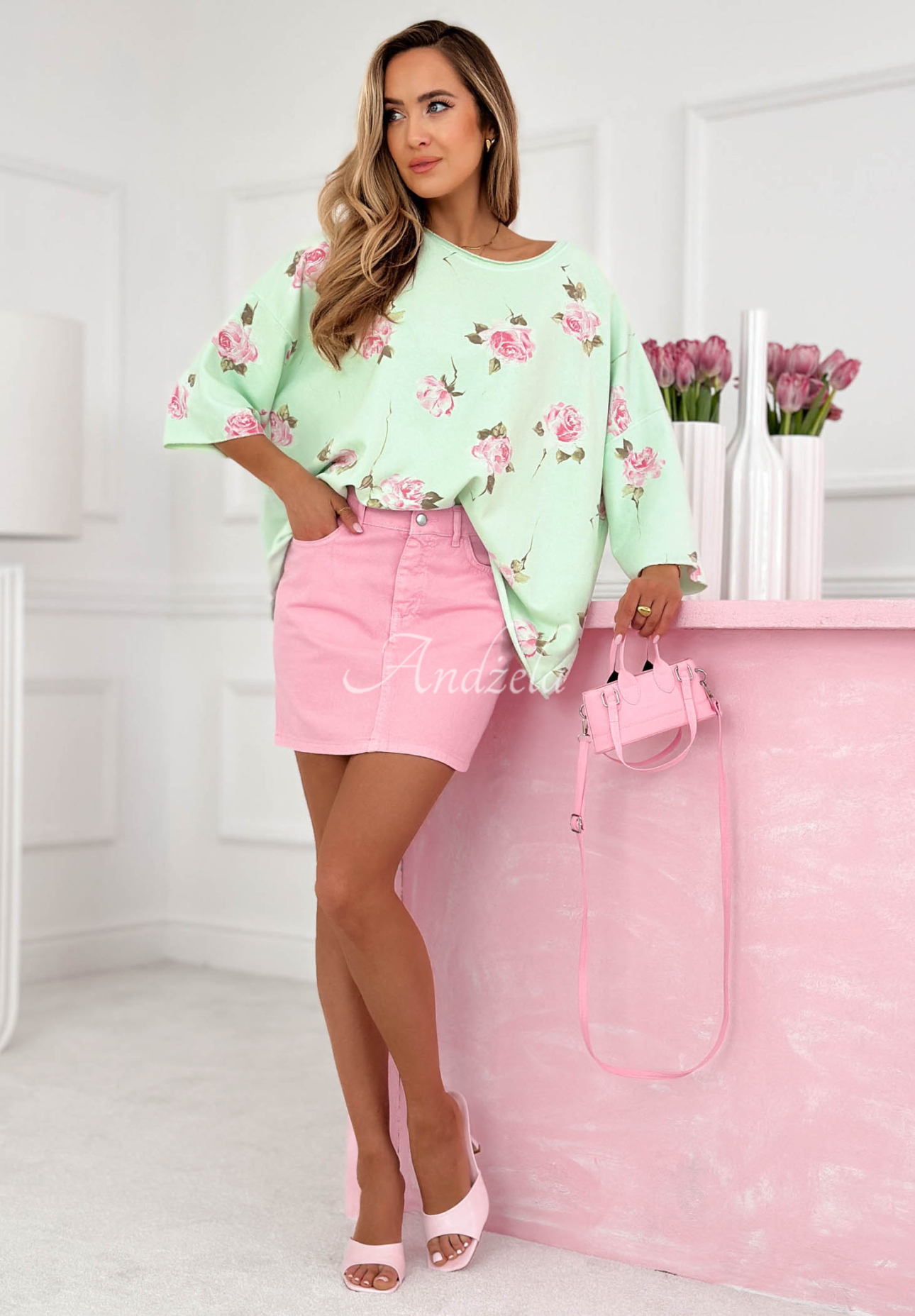 Bawełniana bluza oversize w róże Rosanella pistacjowa