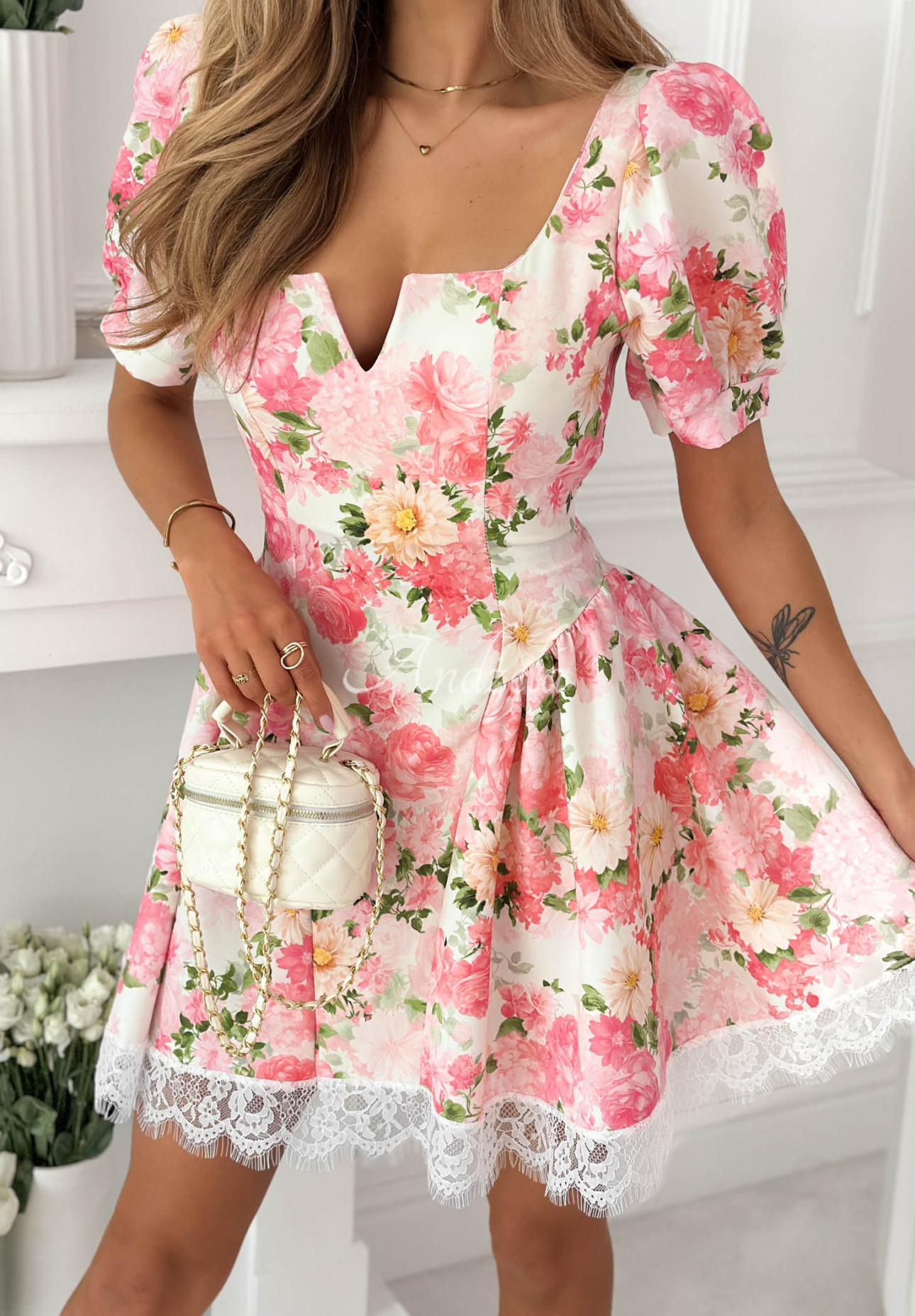 Clementine Pink Floral Dress with Puff Sleeves and Lace