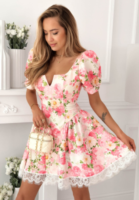 Clementine Pink Floral Dress with Puff Sleeves and Lace